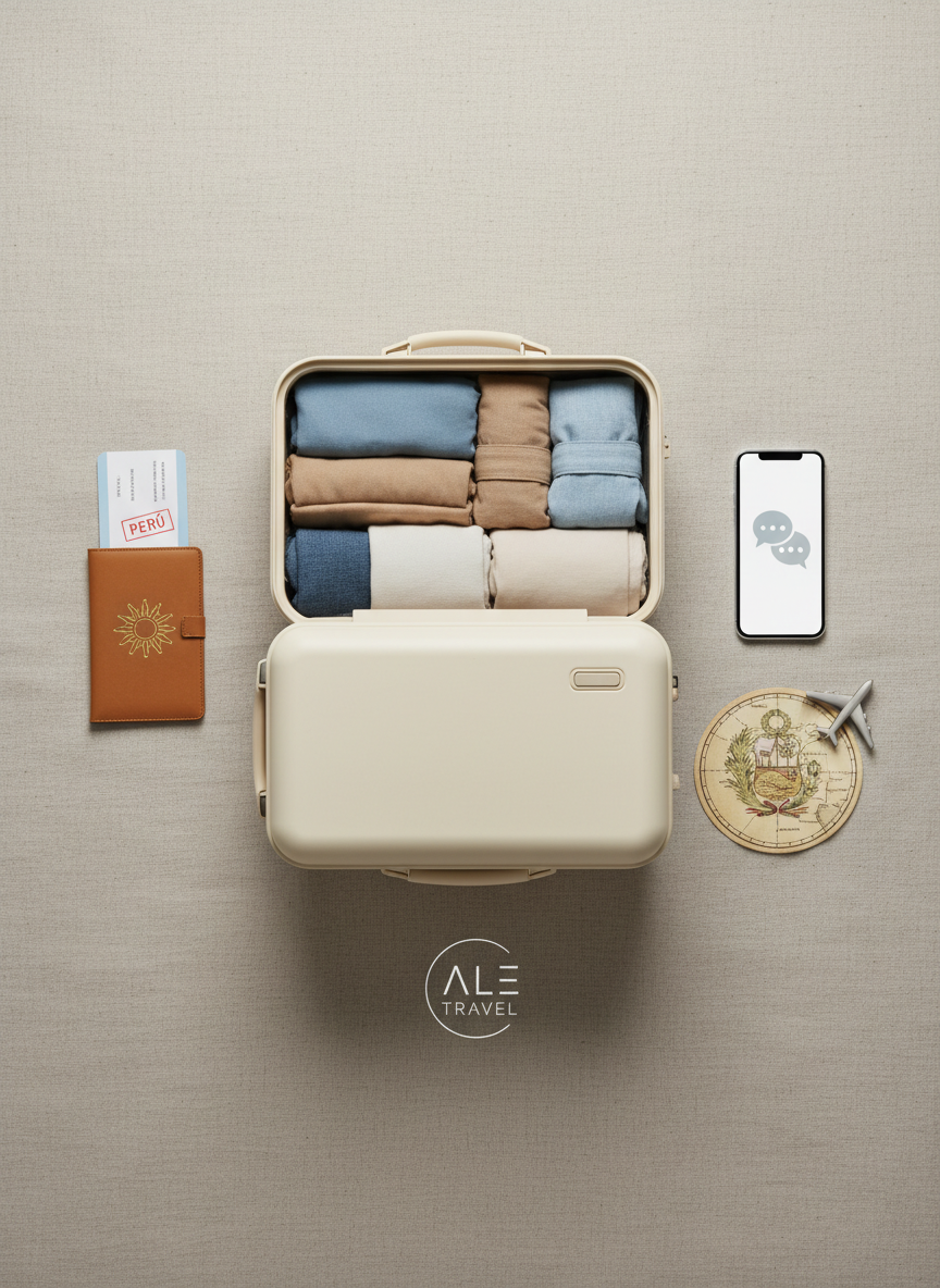 An elegant flat lay of essential travel elements for a Peru vacation, arranged precisely on a neutral, textured surface. A hard-shell suitcase slightly opened reveals neatly folded clothing in soft blues and sands, beside a passport cover, generic flight ticket, and a slim smartphone showing a simplified chat bubble interface, suggesting a quote via WhatsApp without any legible text. A small map of Peru and a stylized airplane icon add context. Soft, diffused overhead lighting eliminates harsh shadows, creating a clean, professional photographic look. Shot from a true bird’s-eye view with balanced spacing, evoking organized, stress-free trip planning with ALE TRAVEL.