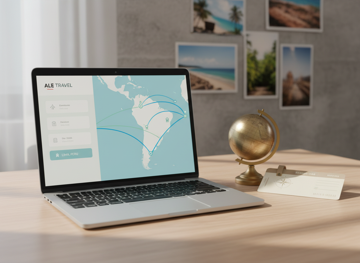 A sleek digital travel agency workspace representing ALE TRAVEL, featuring a modern laptop displaying a clean flight and hotel search interface with map routes across South America, especially Peru. The laptop rests on a light wood desk beside a small globe, a boarding pass, and a minimalist luggage tag. Soft daylight from an unseen window creates gentle reflections on the screen and subtle shadows on the desk. The background is softly blurred with hints of tropical photos pinned to a wall. Photographic realism at eye-level, balanced composition, calm and professional mood that conveys trust and organized travel planning without showing any people or readable text.