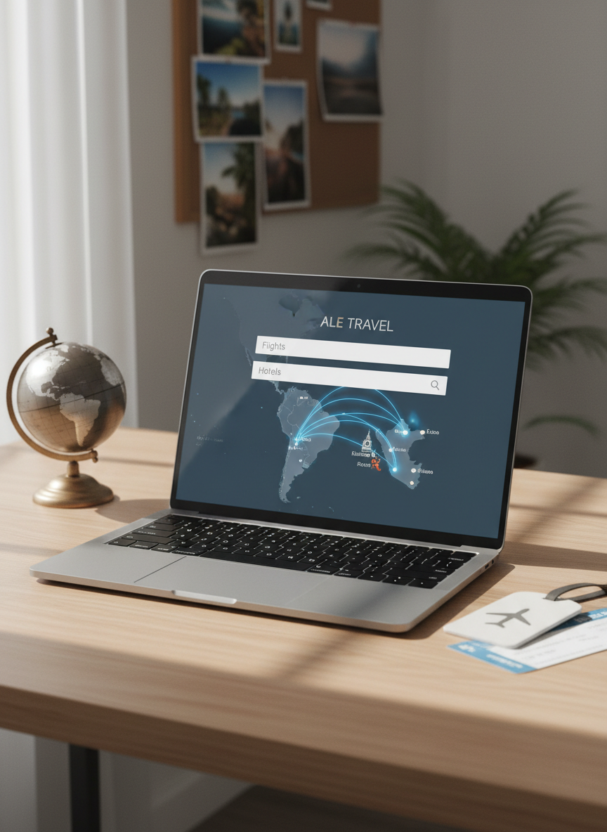 A sleek digital travel agency workspace representing ALE TRAVEL, featuring a modern laptop displaying a clean flight and hotel search interface with map routes across South America, especially Peru. The laptop rests on a light wood desk beside a small globe, a boarding pass, and a minimalist luggage tag. Soft daylight from an unseen window creates gentle reflections on the screen and subtle shadows on the desk. The background is softly blurred with hints of tropical photos pinned to a wall. Photographic realism at eye-level, balanced composition, calm and professional mood that conveys trust and organized travel planning without showing any people or readable text.