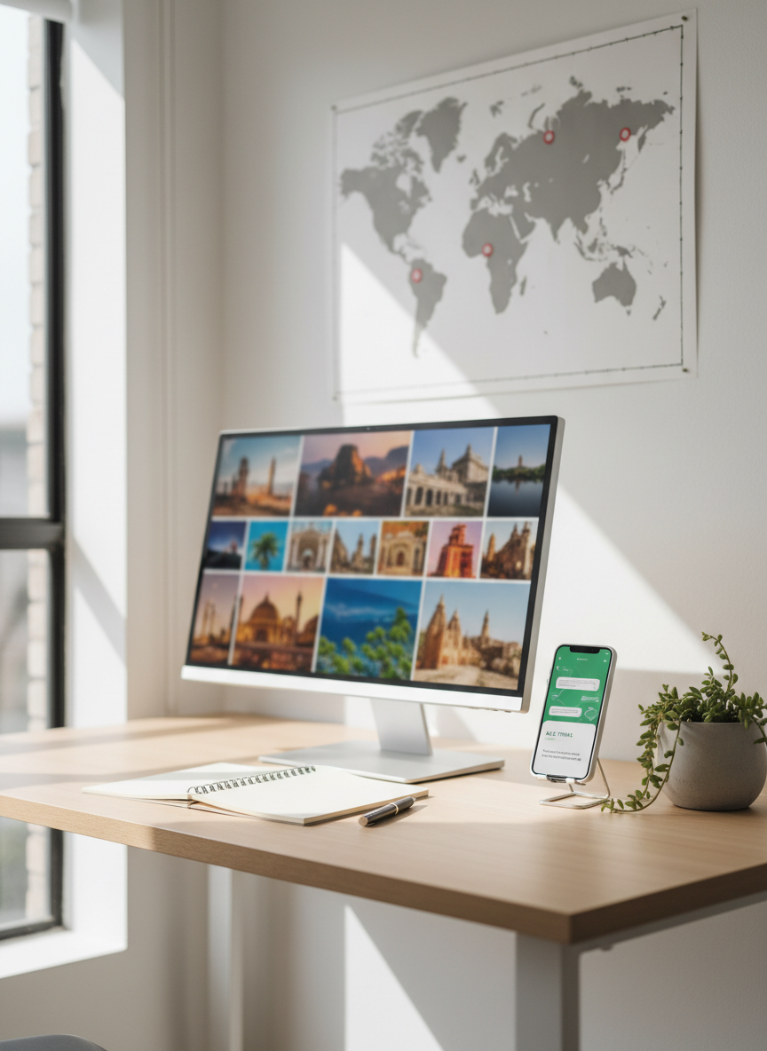 A serene photographic image of a modern, minimalist home office set up for digital travel planning with ALE TRAVEL. A slim monitor shows a blurred, colorful destination collage, while beside it a smartphone rests in a stand, glowing with an abstract messaging screen suggesting quotes via WhatsApp. A small potted plant, a neutral-toned notebook, and a world map pinned on the wall complete the scene. Natural daylight streams from the side, creating a clean, bright atmosphere with gentle shadows. Captured at eye level with a shallow depth of field, the composition feels professional, tidy, and inviting, emphasizing an easy, trustworthy online travel agency experience from home.