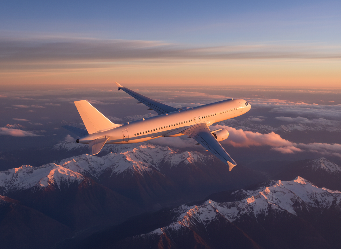 A dynamic aerial photographic view of an airplane in mid-flight above the Andes, representing ALE TRAVEL’s flight quotation service. The modern white aircraft with subtle blue accents cuts through soft clouds, with dramatic snow-capped peaks and deep valleys visible far below. Late afternoon light creates a golden rim along the plane’s fuselage and wing edges, with long shadows on the mountainous landscape. The composition uses rule of thirds, the plane slightly off-center, leading the eye along its path. The atmosphere feels adventurous yet safe and professional, highlighting efficient, trustworthy flight arrangements without any logos, airline names, or human figures.