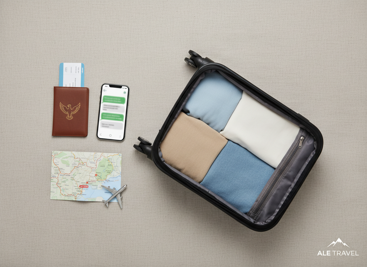 An elegant flat lay of essential travel elements for a Peru vacation, arranged precisely on a neutral, textured surface. A hard-shell suitcase slightly opened reveals neatly folded clothing in soft blues and sands, beside a passport cover, generic flight ticket, and a slim smartphone showing a simplified chat bubble interface, suggesting a quote via WhatsApp without any legible text. A small map of Peru and a stylized airplane icon add context. Soft, diffused overhead lighting eliminates harsh shadows, creating a clean, professional photographic look. Shot from a true bird’s-eye view with balanced spacing, evoking organized, stress-free trip planning with ALE TRAVEL.