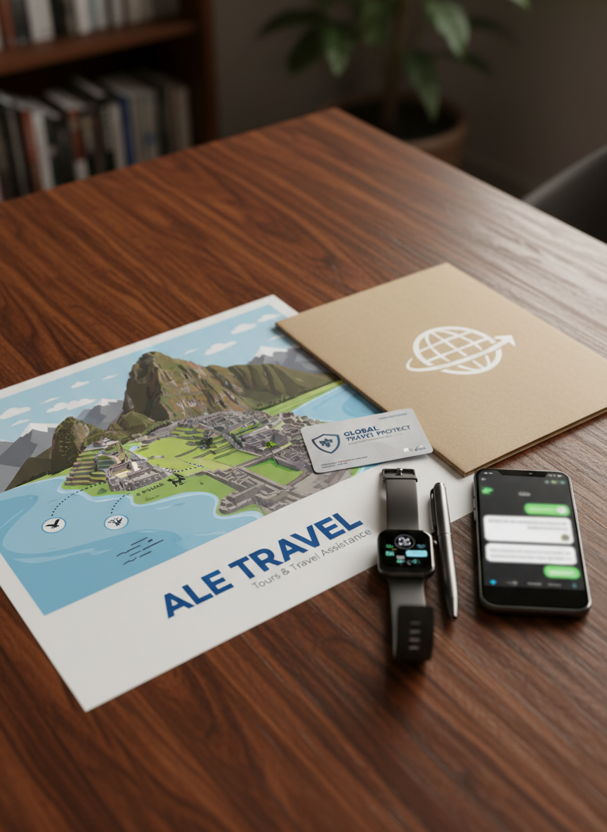 A detailed close-up of organized tour planning materials for Peru spread across a wooden table, highlighting tours and travel assistance from ALE TRAVEL. A stylized map showing Machu Picchu and coastal destinations, a generic travel insurance card, and a closed folder labeled only with an abstract travel icon sit beside a smartwatch and a pen. A smartphone displays an abstract chat interface, hinting at WhatsApp consultation, with no readable text. Warm, indirect indoor lighting creates a cozy, trustworthy mood, with soft shadows emphasizing the textures of paper and wood. Photographic realism, shot at a slight diagonal from above, suggesting meticulous, professional travel coordination and comprehensive assistance.